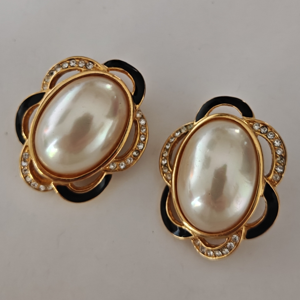 Rare Vintage Dior Faux Mabe Pearl Crystals & Enamel Earrings